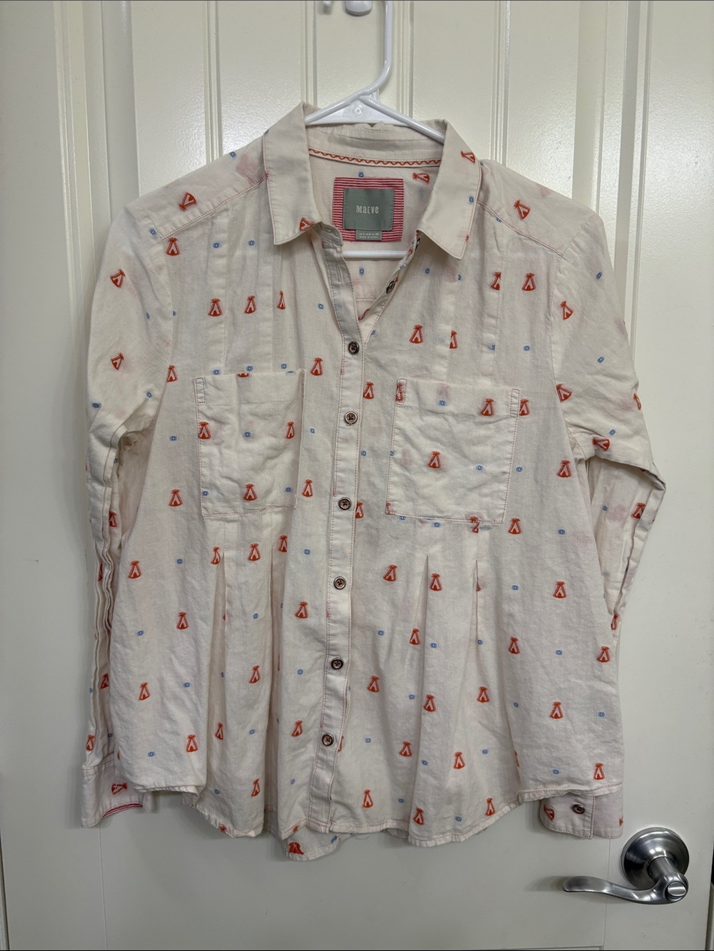 Maeve Anthropologie Miette TeePee Cream Button-Down Shirt Orange Motif Blue Dots